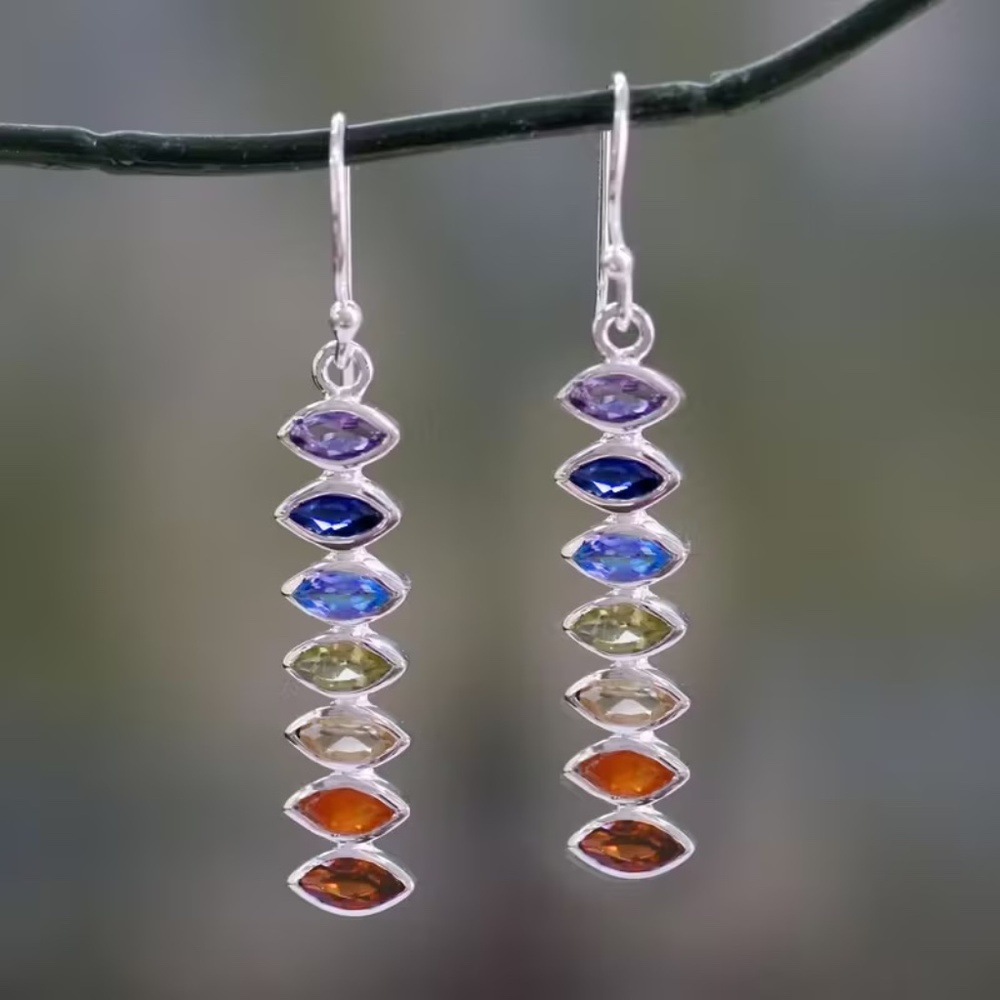 Silver Tone Multicolor Crystals Dangle Earrings - image 4